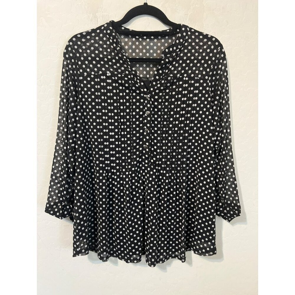 Women Black White Sheer Polka Dot Lined Blouse Mandarin Collar Sz 1X